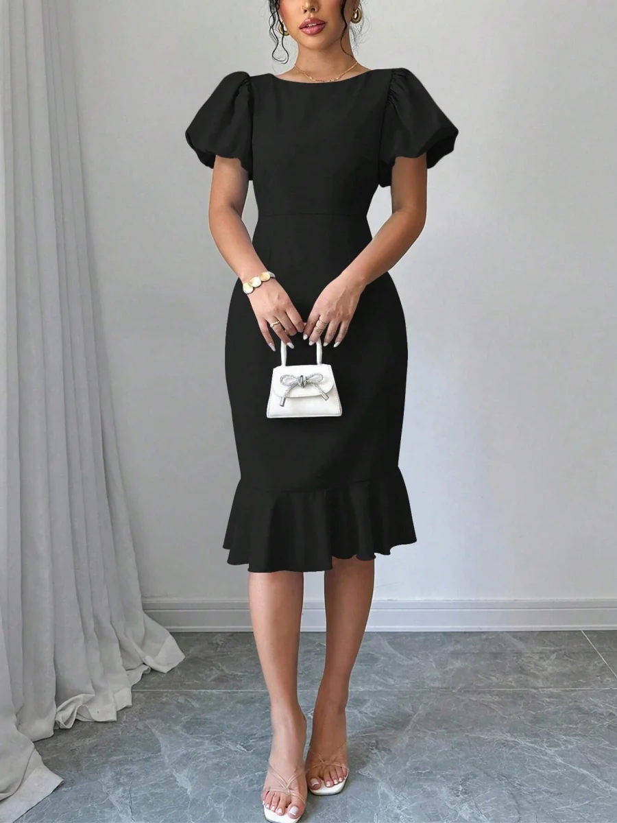 Round Neck Lantern Sleeve Ruffled Fishtail Midi Dress - Image 13