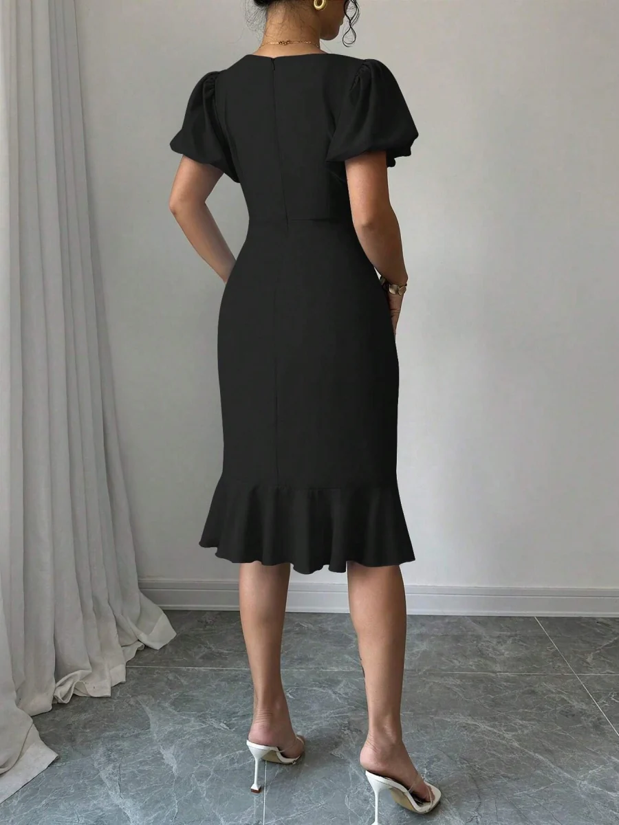 Round Neck Lantern Sleeve Ruffled Fishtail Midi Dress - Image 15