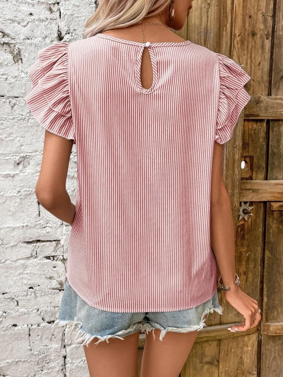 Round Neck Striped T-shirt With Ruffled Sleeves - Image 12