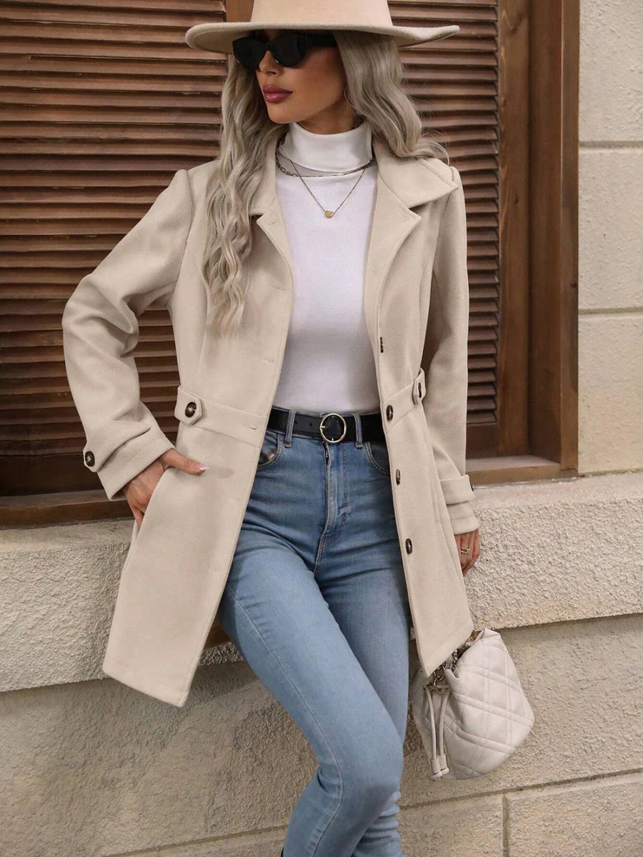 Slim Fit Lapel Buttons Solid Color Woolen Coat