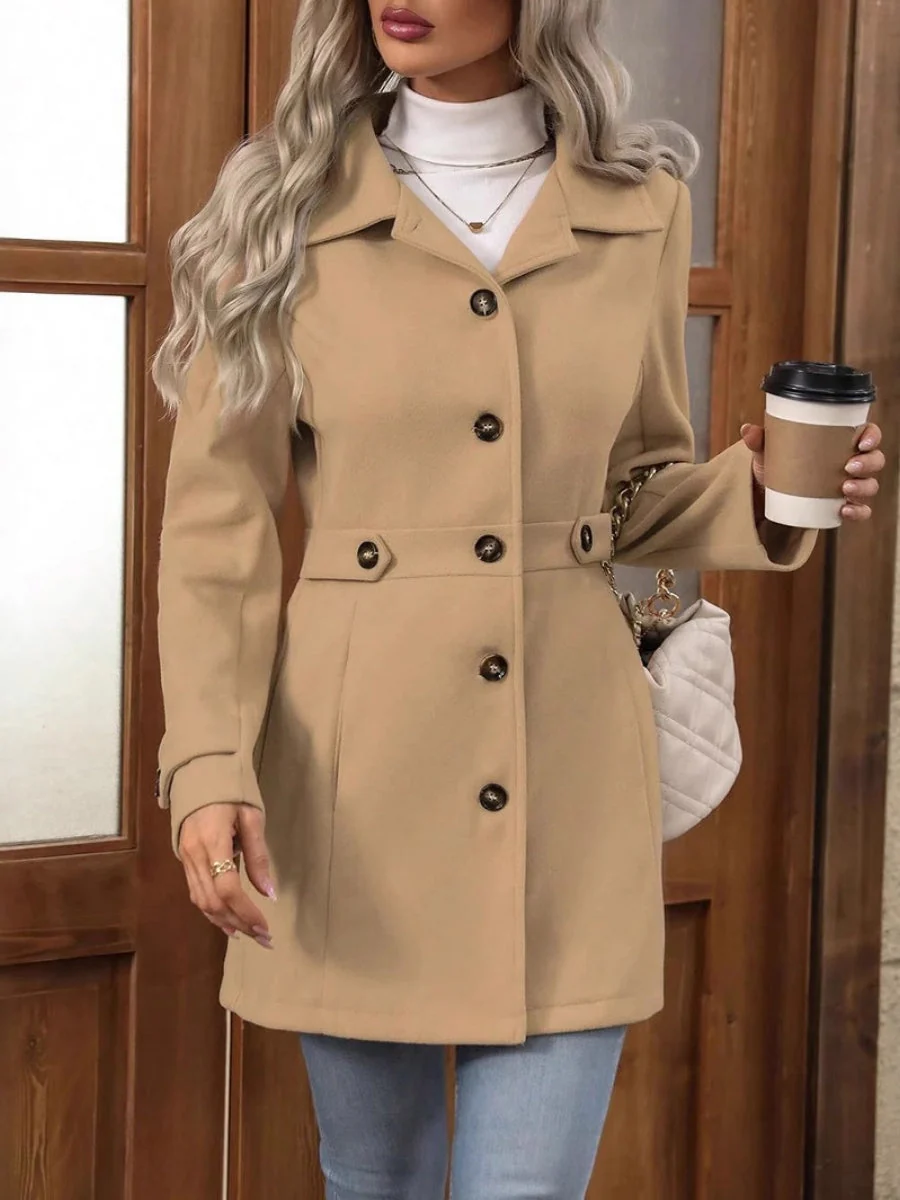 Slim Fit Lapel Buttons Solid Color Woolen Coat - Image 6
