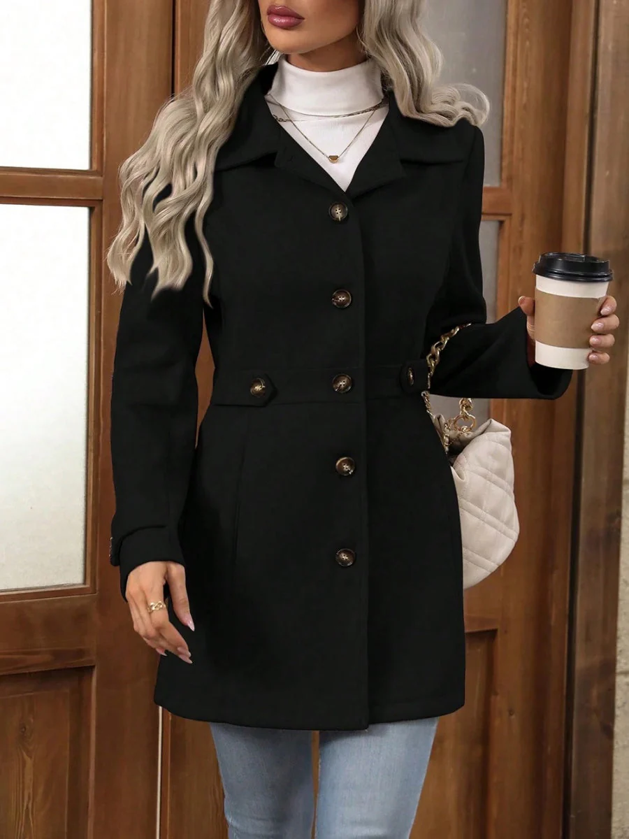 Slim Fit Lapel Buttons Solid Color Woolen Coat - Image 8