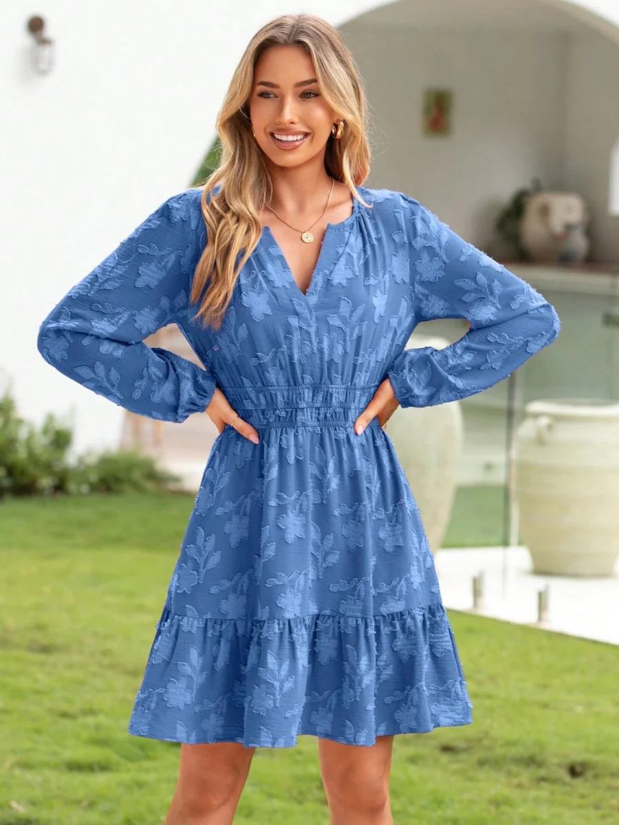 V-neck, Jacquard, Elastic Waist, Full Skirt, Long Sleeves, Ruffled Hem Short Dress - Image 3