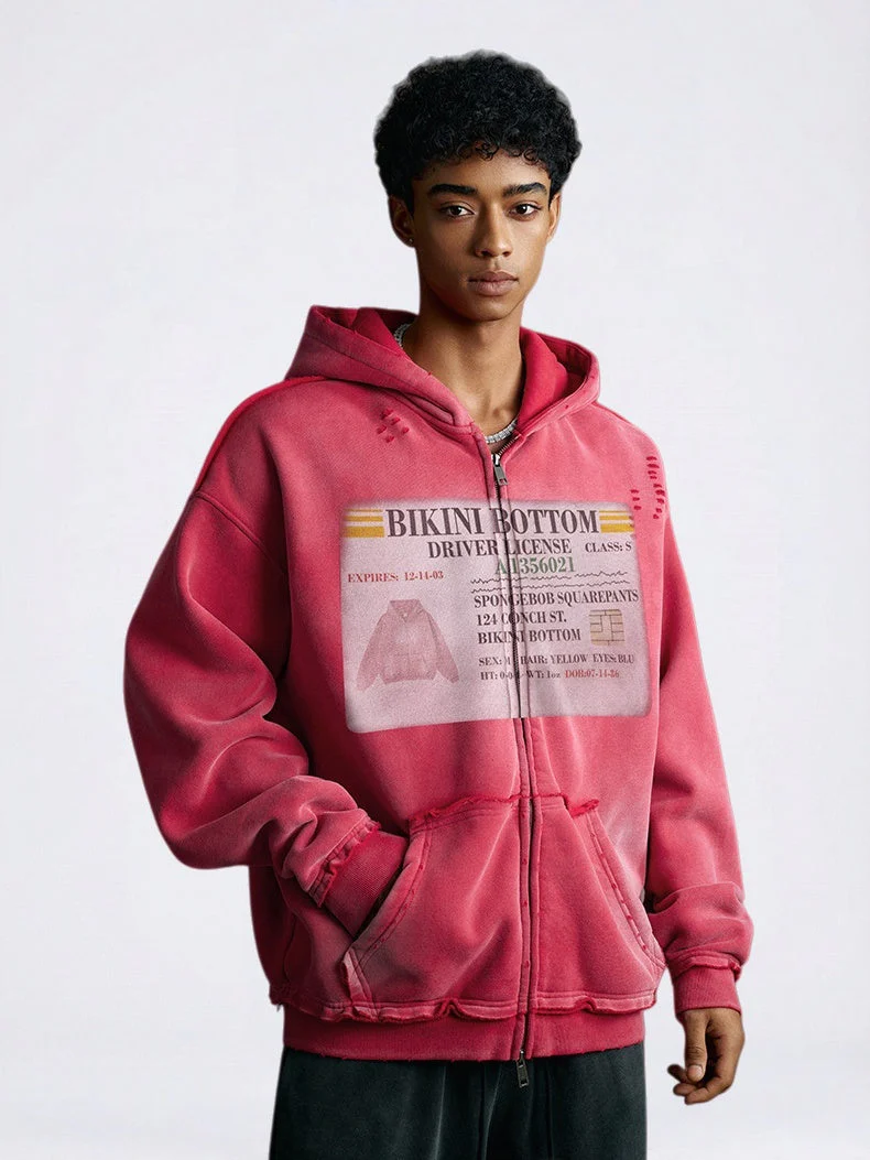 Distressed Washed Printed Hoodies Cardigan