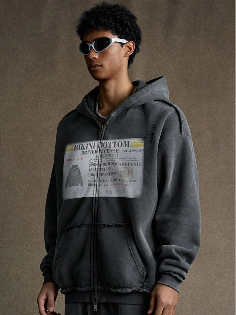 Distressed Washed Printed Hoodies Cardigan - Image 10