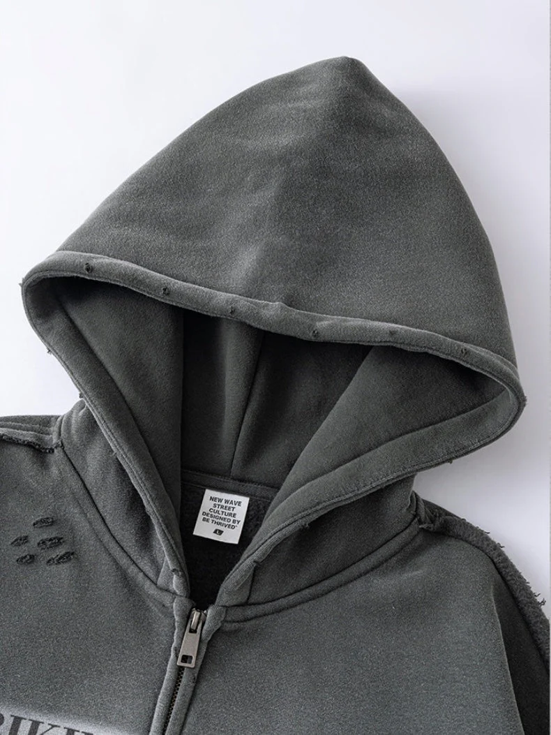 Distressed Washed Printed Hoodies Cardigan - Image 11
