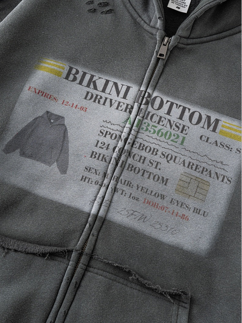 Distressed Washed Printed Hoodies Cardigan - Image 12