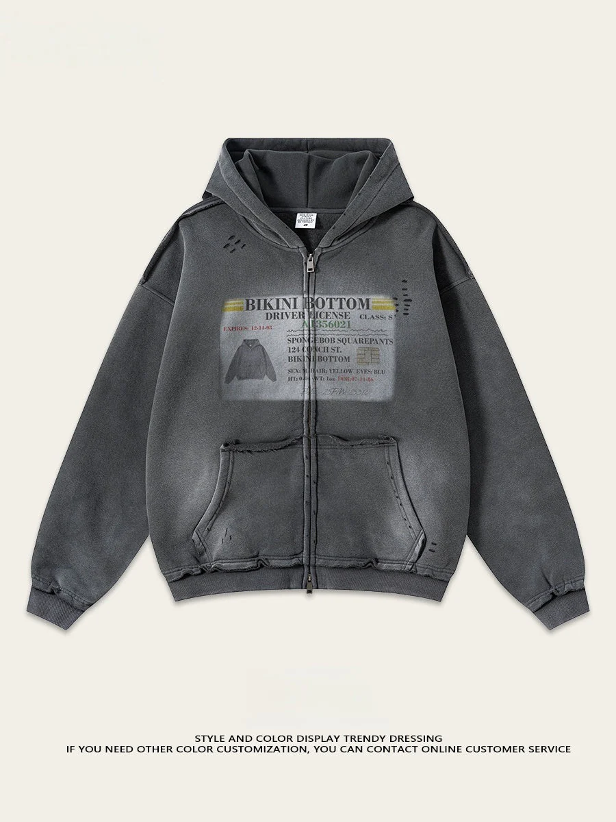 Distressed Washed Printed Hoodies Cardigan - Image 14