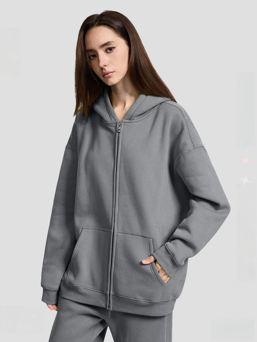 Plush Sports Loose Solid Color Zipper Hooded Sweatshirts&Hoodies Set - Image 20