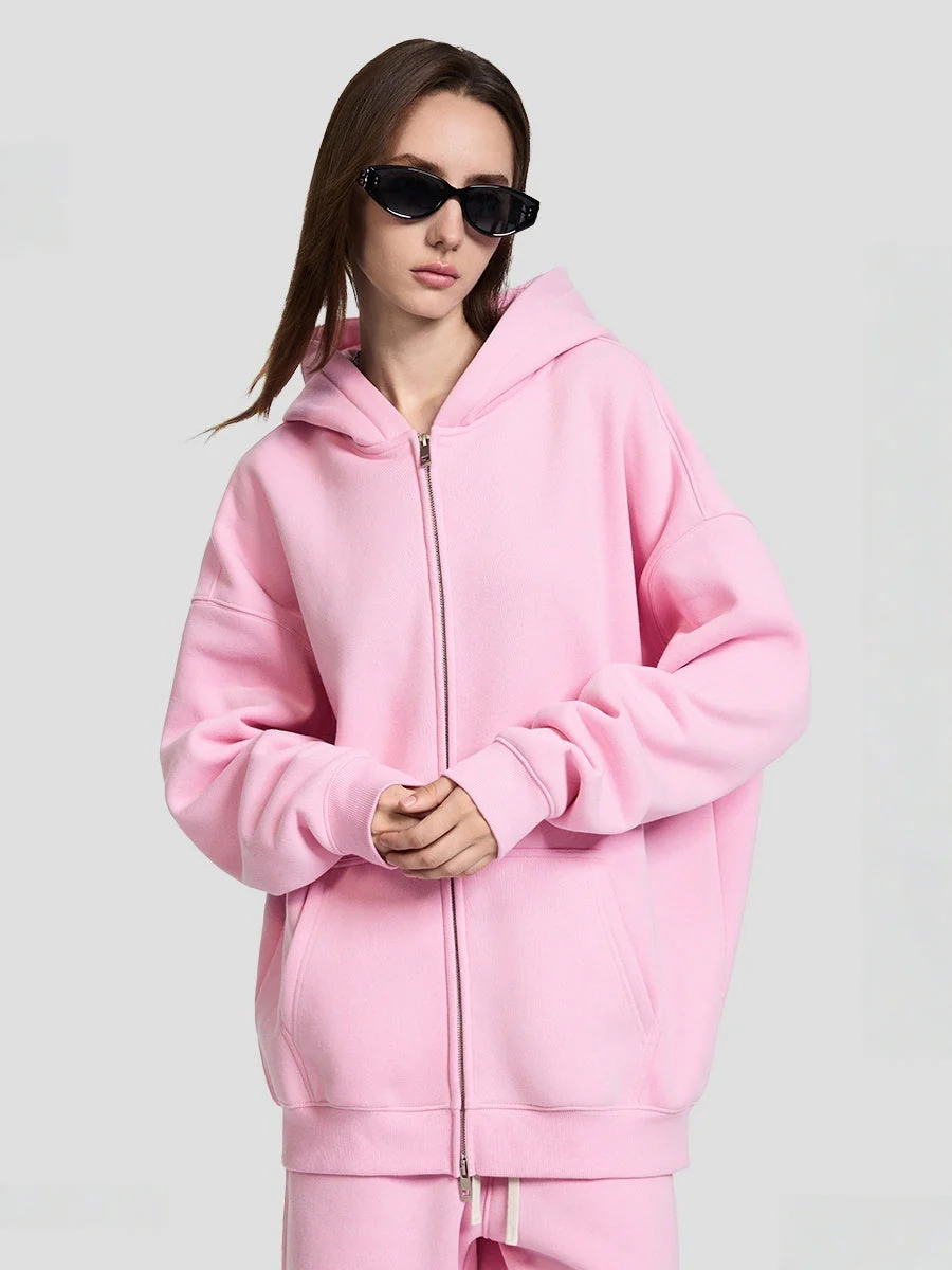 Plush Sports Loose Solid Color Zipper Hooded Sweatshirts&Hoodies Set - Image 4