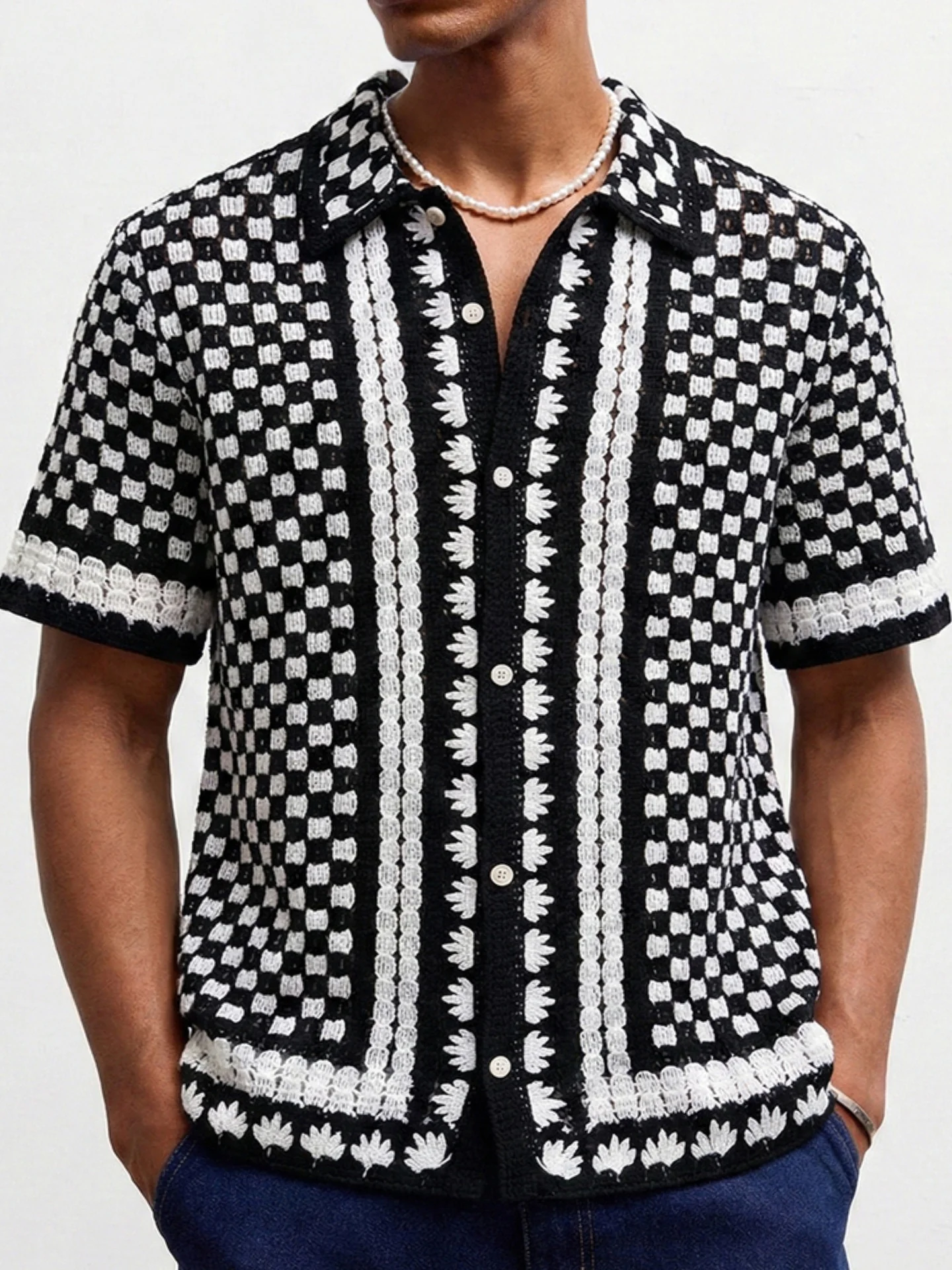 Crochet Knitting Black And White Plaid Hollow POLO Shirt - Image 2