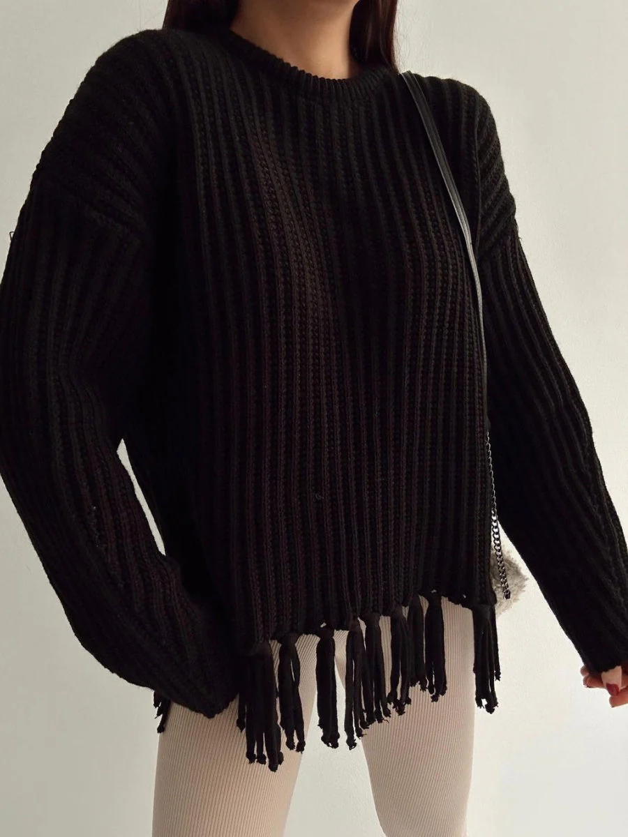 Thickened Loose Tassel Solid Color Knitting Sweaters - Image 2