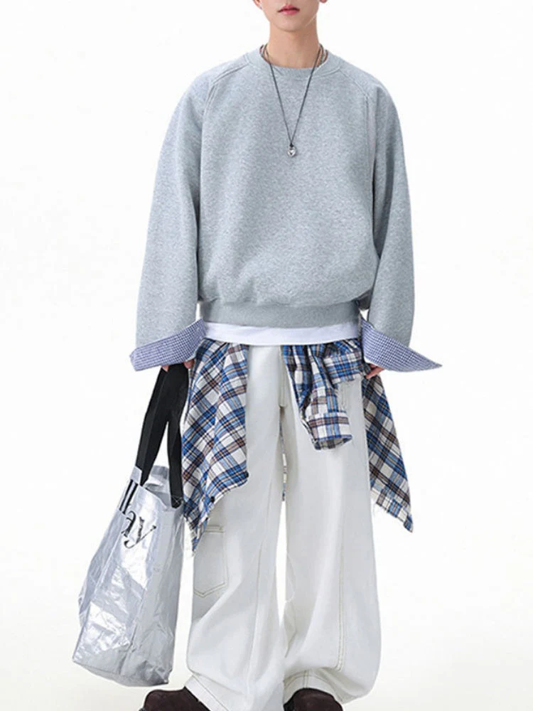 Plaid-Panel Clean-Fit Boxy Crew-Neck Sweatshirt - Image 10