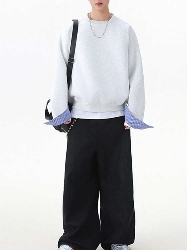 Plaid-Panel Clean-Fit Boxy Crew-Neck Sweatshirt - Image 2