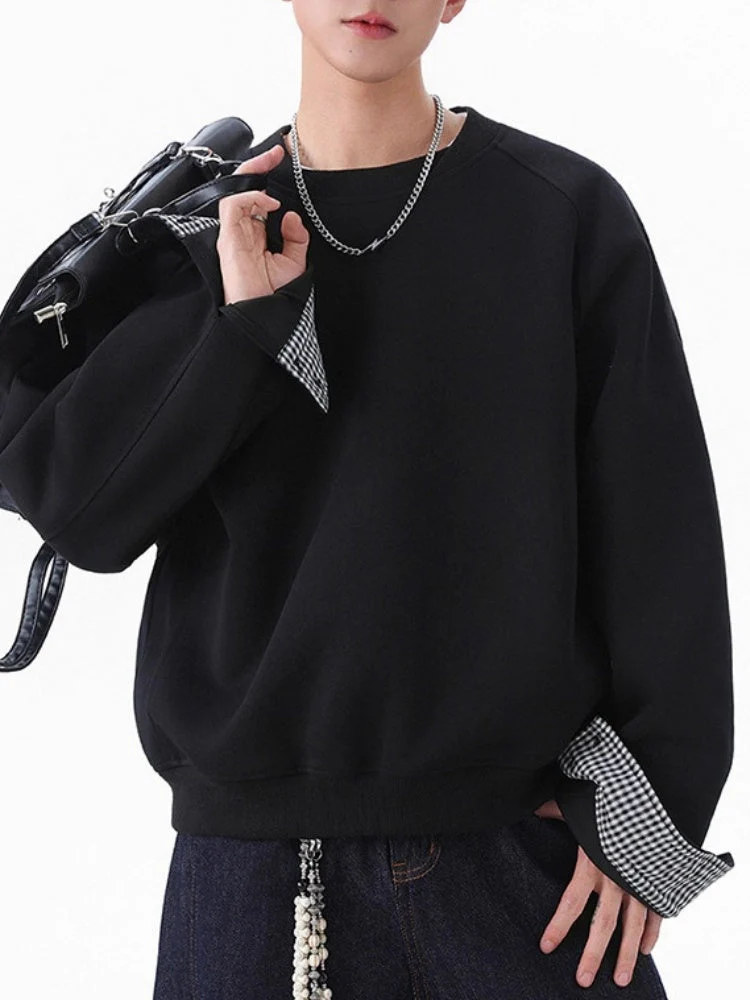 Plaid-Panel Clean-Fit Boxy Crew-Neck Sweatshirt - Image 4