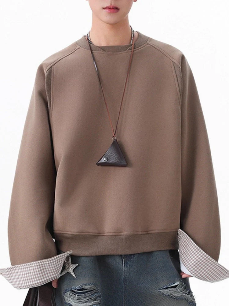 Plaid-Panel Clean-Fit Boxy Crew-Neck Sweatshirt - Image 7