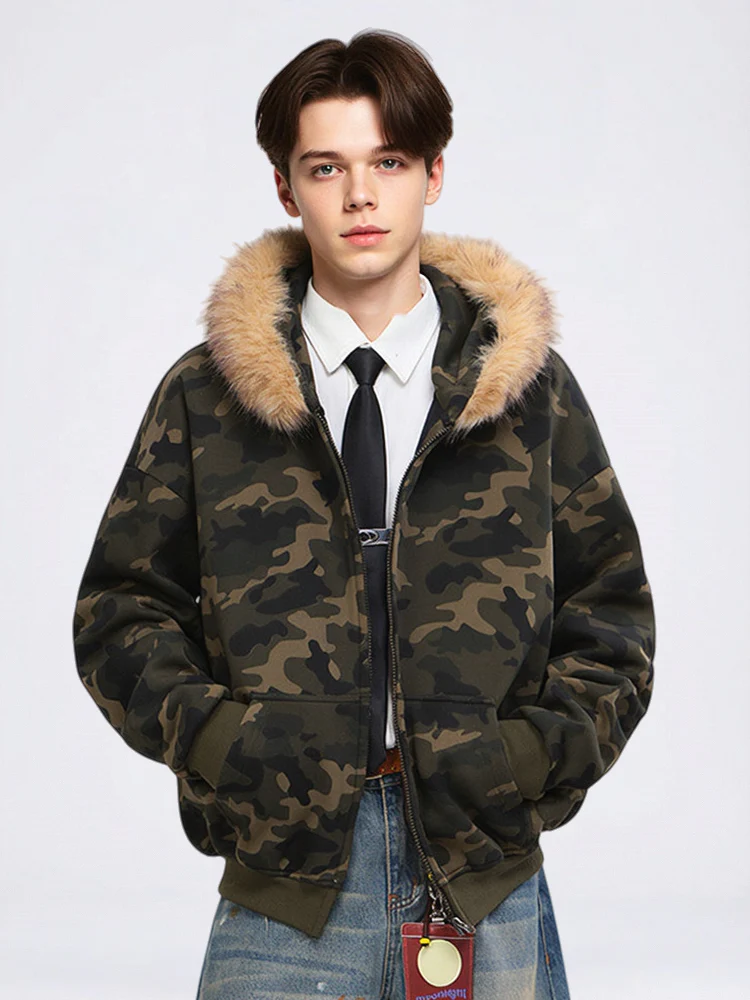 Vintage Camo Faux-Fur-Collar Hooded Jacket