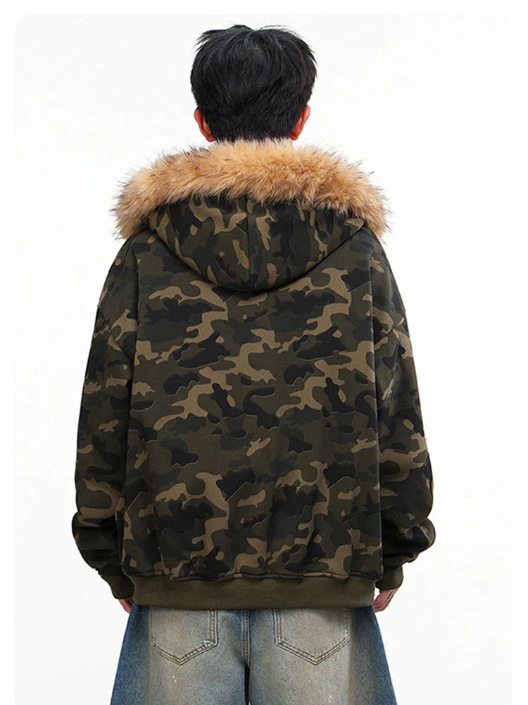 Vintage Camo Faux-Fur-Collar Hooded Jacket - Image 2