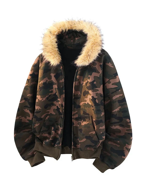 Vintage Camo Faux-Fur-Collar Hooded Jacket - Image 3