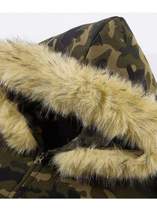 Vintage Camo Faux-Fur-Collar Hooded Jacket - Image 4