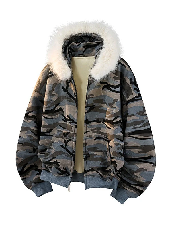 Vintage Camo Faux-Fur-Collar Hooded Jacket - Image 8