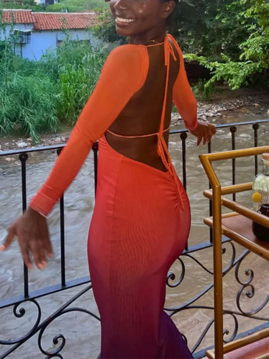 Deep V Gradient Backless Hip-hugging Sexy Stretch Maxi Dresses - Image 18