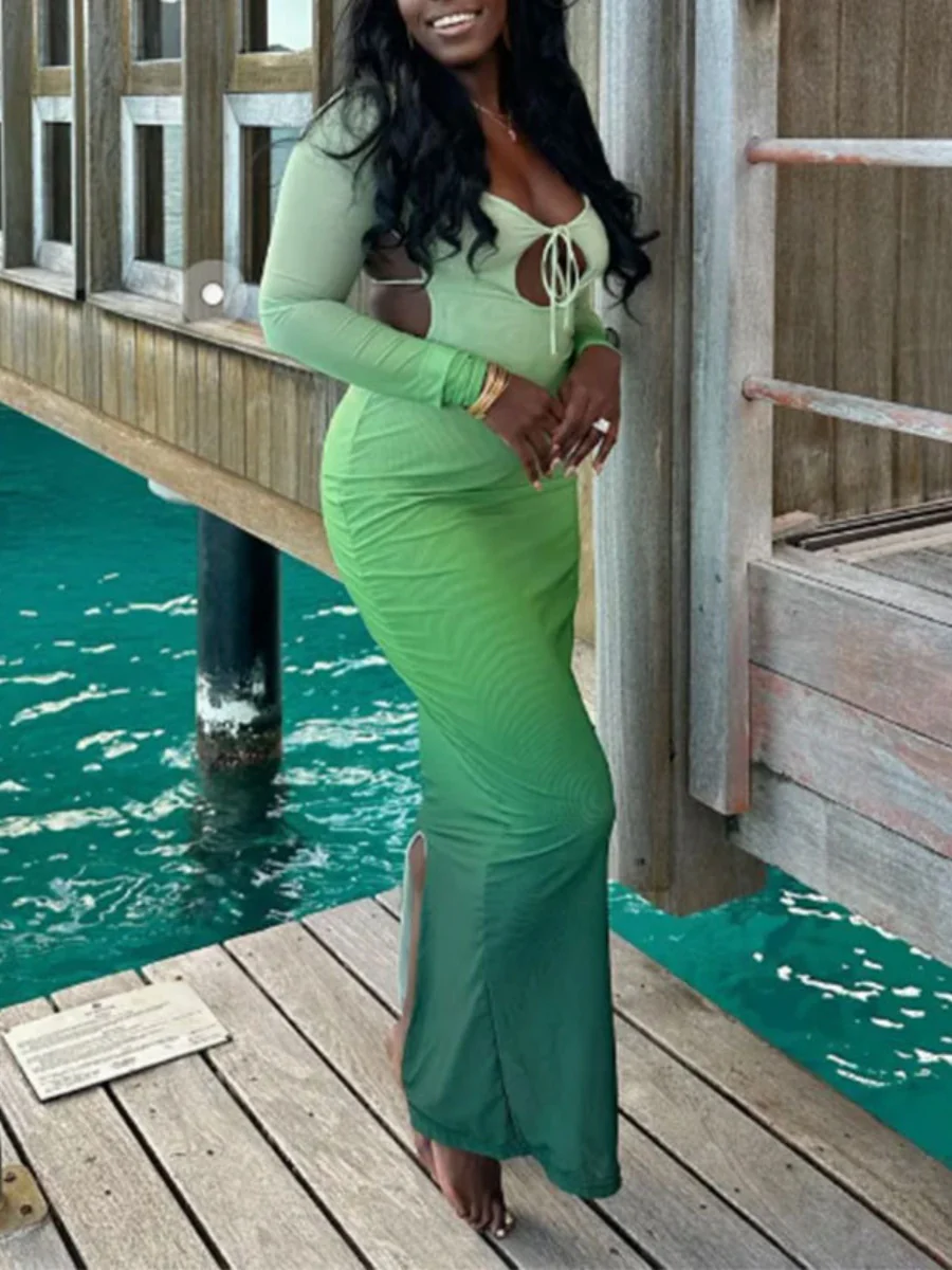 Deep V Gradient Backless Hip-hugging Sexy Stretch Maxi Dresses - Image 20