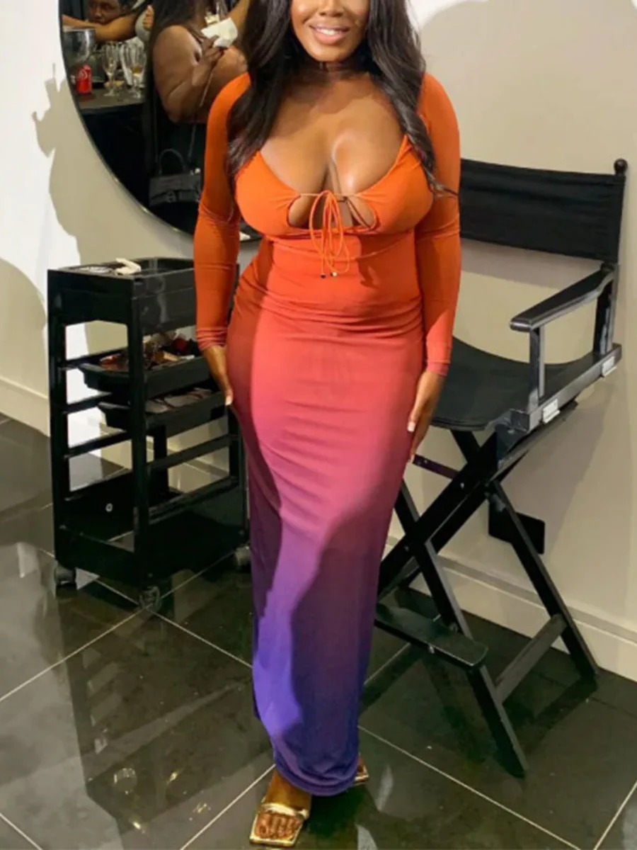 Deep V Gradient Backless Hip-hugging Sexy Stretch Maxi Dresses - Image 3