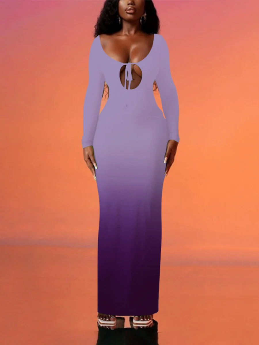 Deep V Gradient Backless Hip-hugging Sexy Stretch Maxi Dresses - Image 6