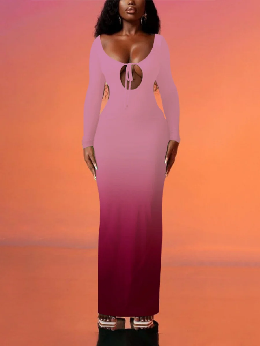 Deep V Gradient Backless Hip-hugging Sexy Stretch Maxi Dresses - Image 7