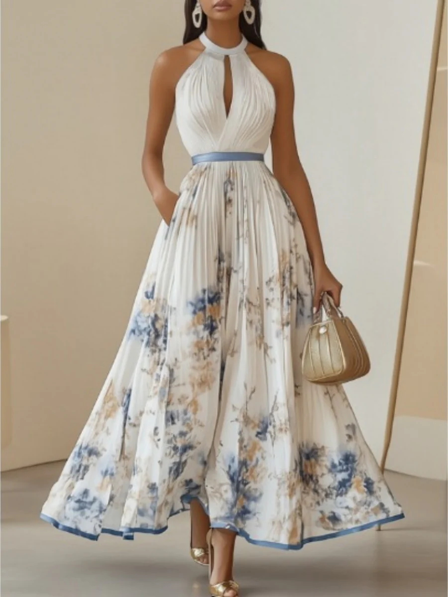Plants And Flowers Printed Halter Hollow Crimp V-neck Maxi Dresses - Image 2