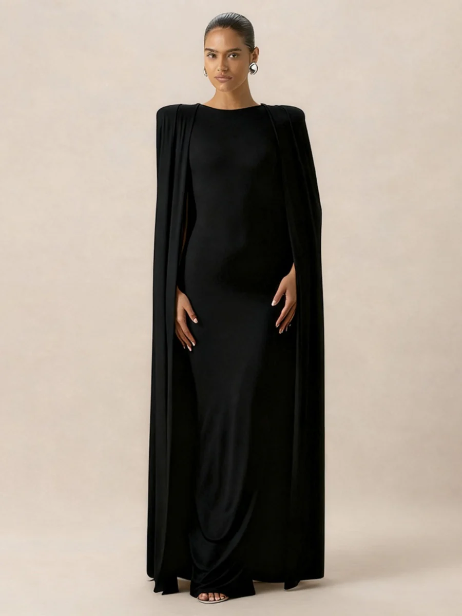 Cloak Style Longline Temperament Crew Neck Grace Maxi Dresses - Image 3