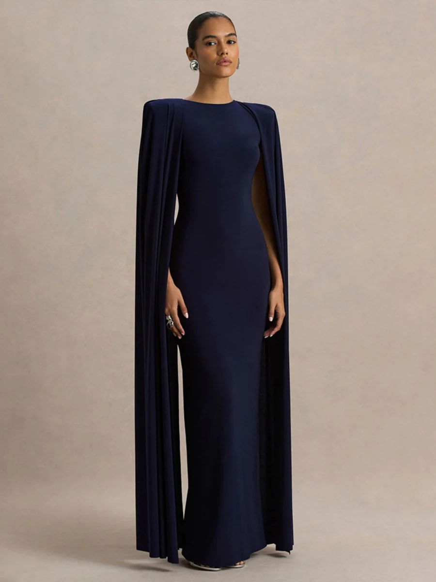 Cloak Style Longline Temperament Crew Neck Grace Maxi Dresses - Image 5