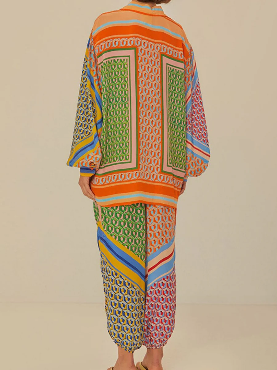 Geometric Pattern Cover-up Long-sleeved T-shirt Jogger Pants Set 2-piece Sets - Image 2