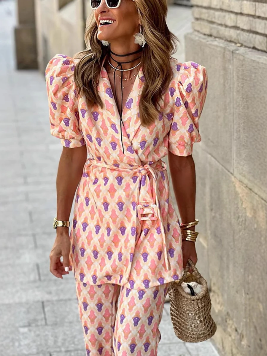 Geometric Pattern Printing Shirt Tie Wide-leg Pants Set 2-piece Sets - Image 2