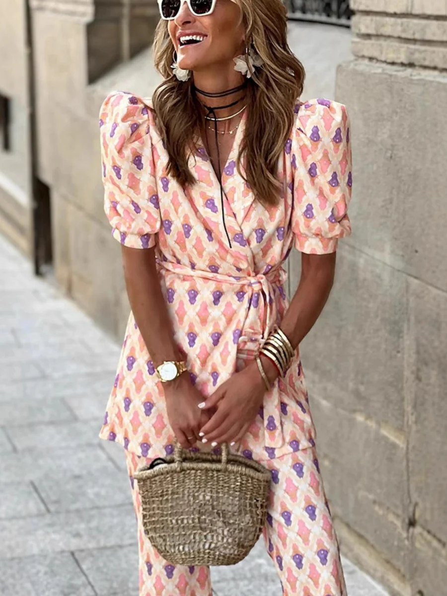 Geometric Pattern Printing Shirt Tie Wide-leg Pants Set 2-piece Sets - Image 3