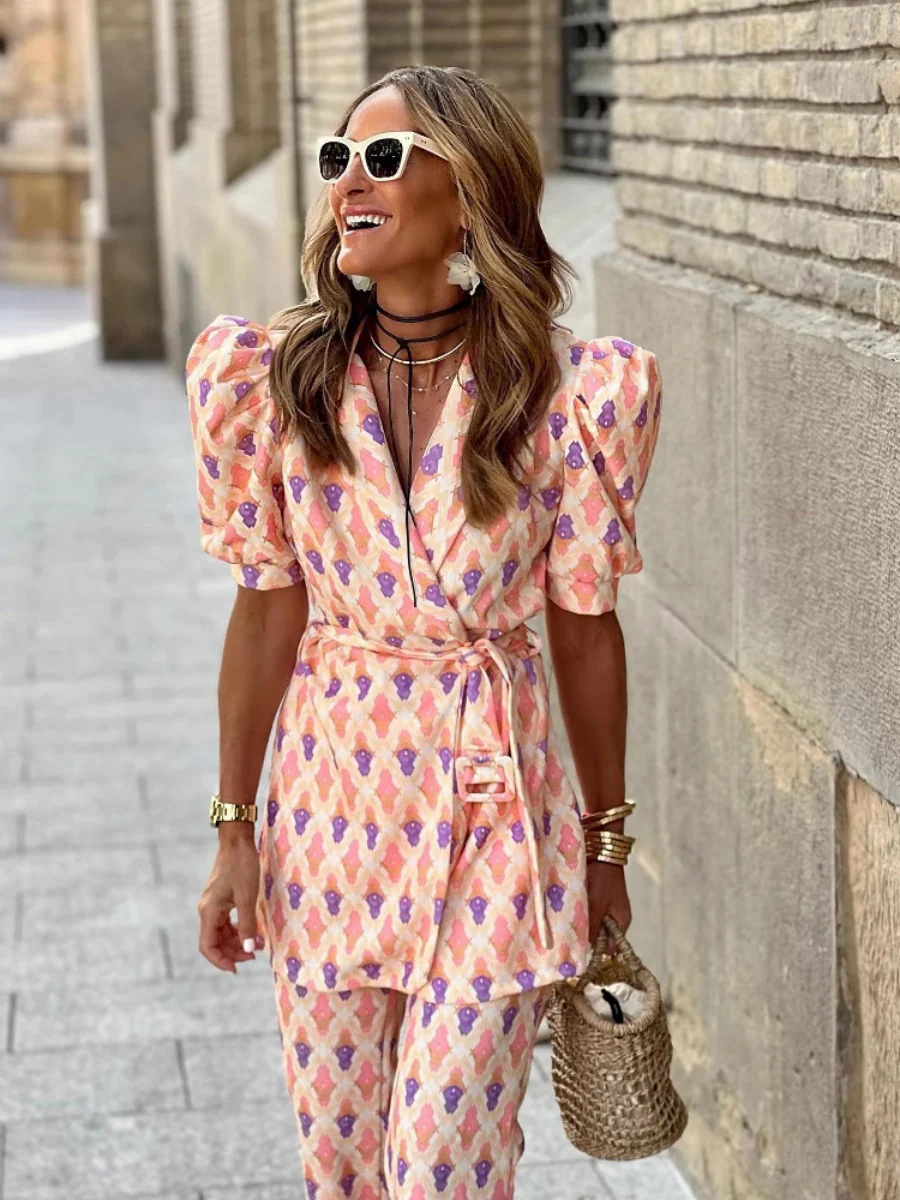 Geometric Pattern Printing Shirt Tie Wide-leg Pants Set 2-piece Sets - Image 4
