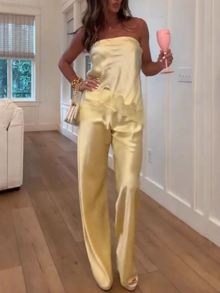Solid Color Lace Stitching Strapless Top Wide-leg Pants 2-piece Sets - Image 2