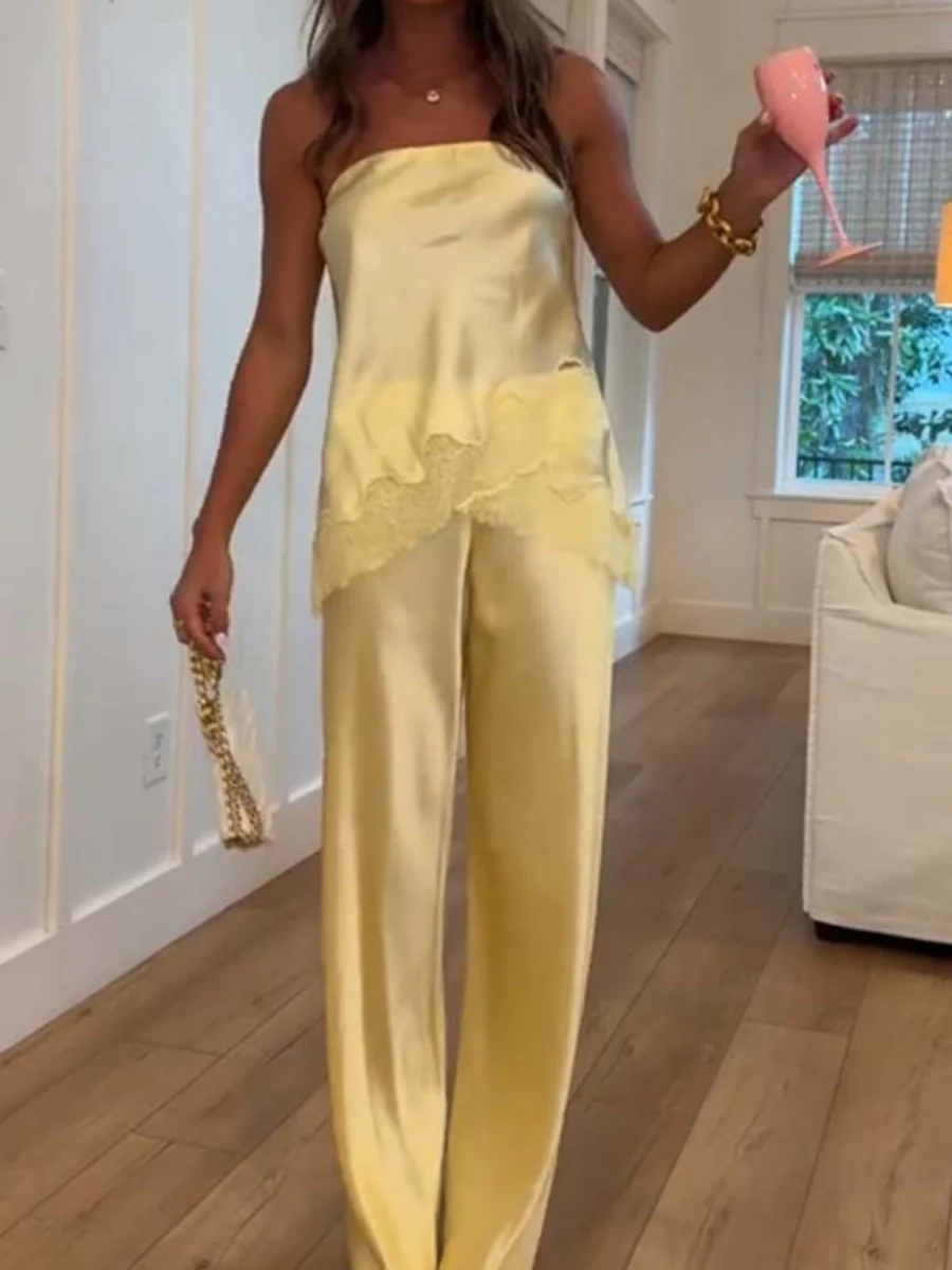 Solid Color Lace Stitching Strapless Top Wide-leg Pants 2-piece Sets - Image 3