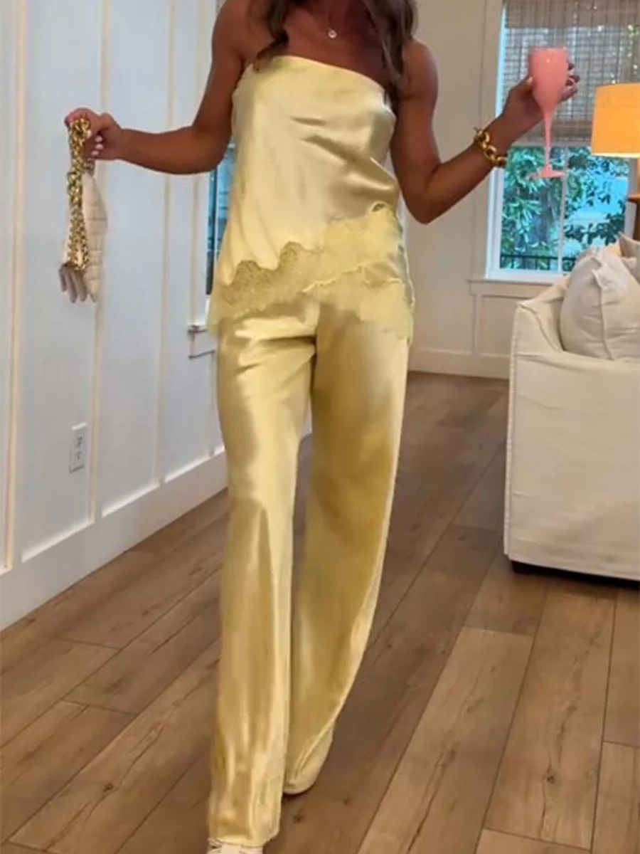 Solid Color Lace Stitching Strapless Top Wide-leg Pants 2-piece Sets - Image 4