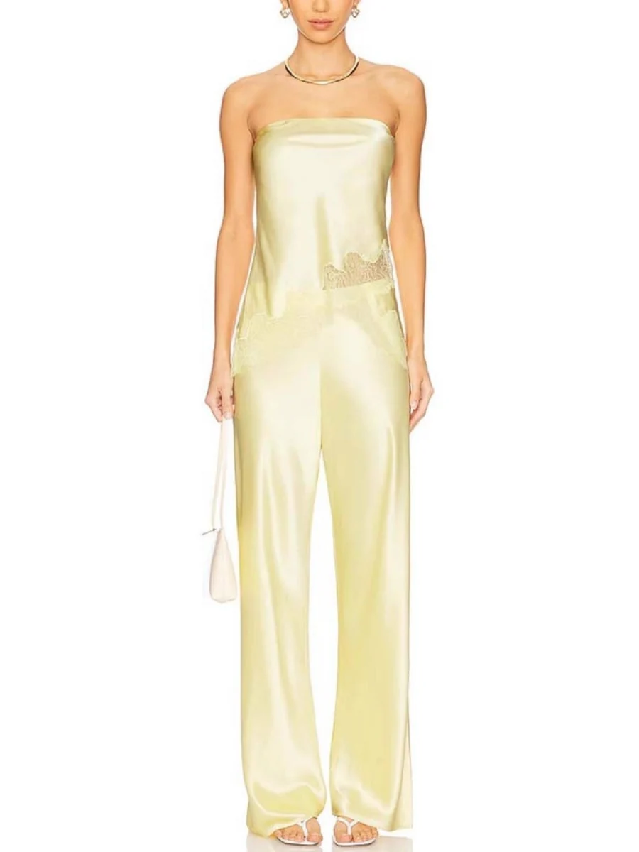 Solid Color Lace Stitching Strapless Top Wide-leg Pants 2-piece Sets - Image 6