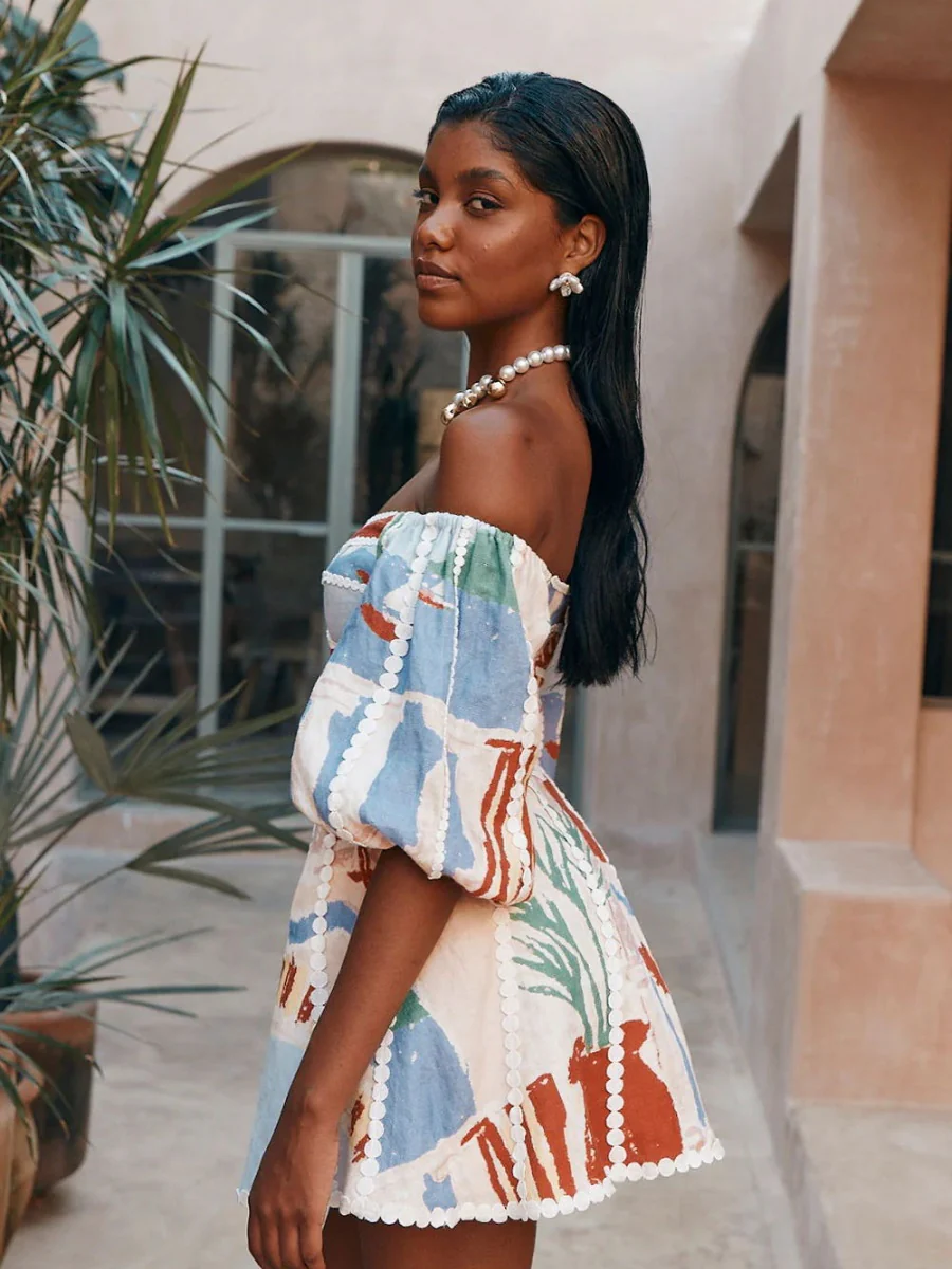 Geometric Pattern Printing Off Shoulder Short Sleeve Vacation Mini&Short Dresses - Image 3