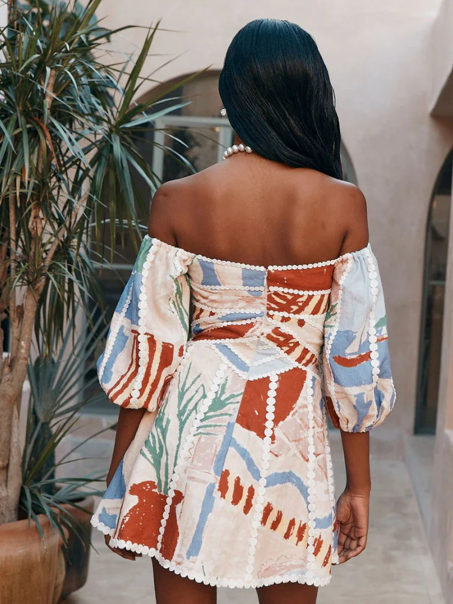 Geometric Pattern Printing Off Shoulder Short Sleeve Vacation Mini&Short Dresses - Image 4