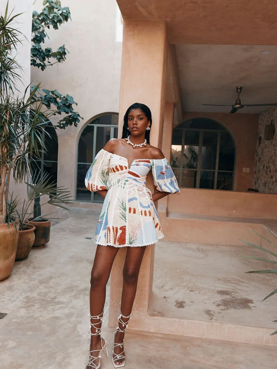 Geometric Pattern Printing Off Shoulder Short Sleeve Vacation Mini&Short Dresses - Image 5