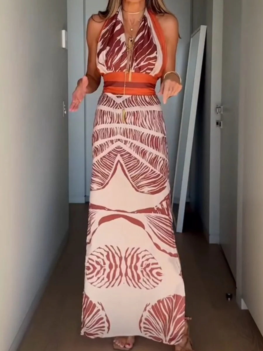 Plants And Flowers Printed Lace Up V-neck Halter Maxi Dresses - Image 3