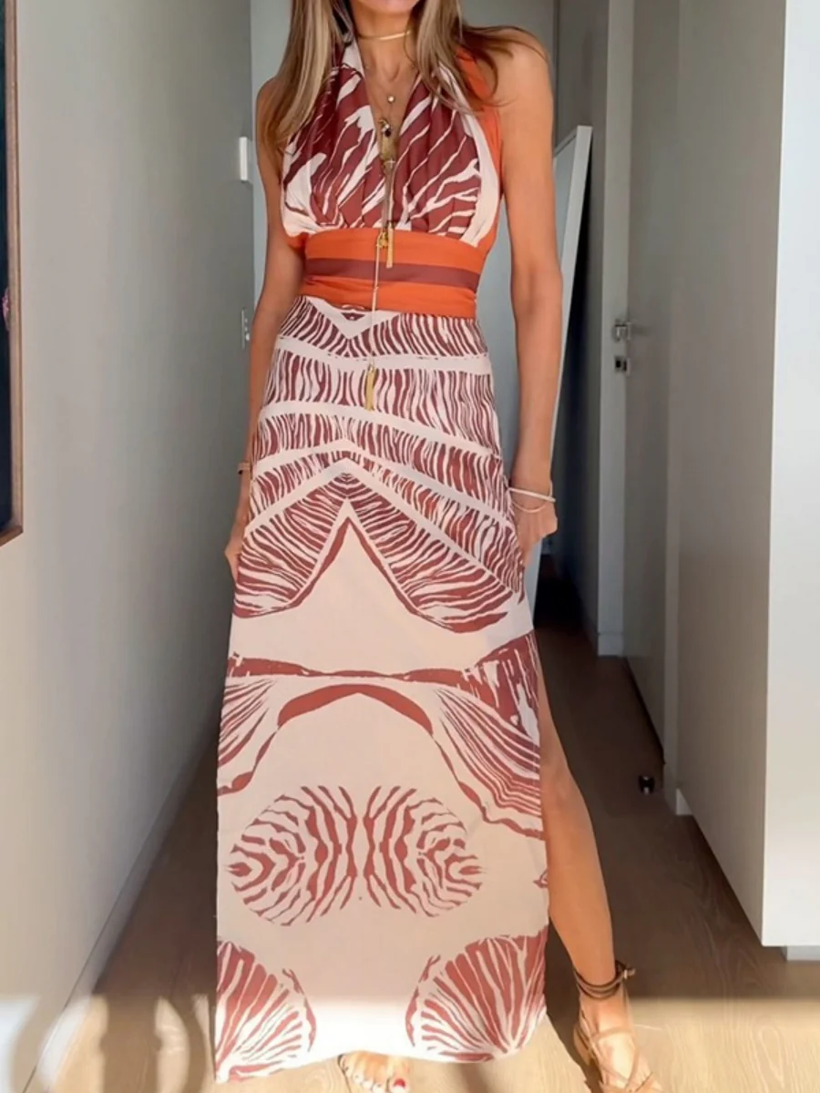 Plants And Flowers Printed Lace Up V-neck Halter Maxi Dresses - Image 4