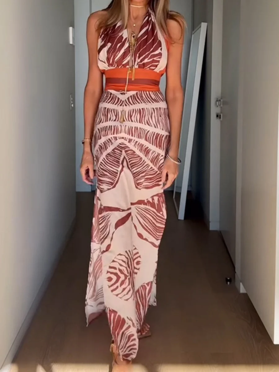 Plants And Flowers Printed Lace Up V-neck Halter Maxi Dresses - Image 6