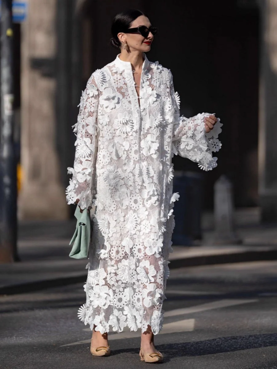 Hollow 3D Flowers Long Sleeve Vacation Maxi Dresses - Image 2
