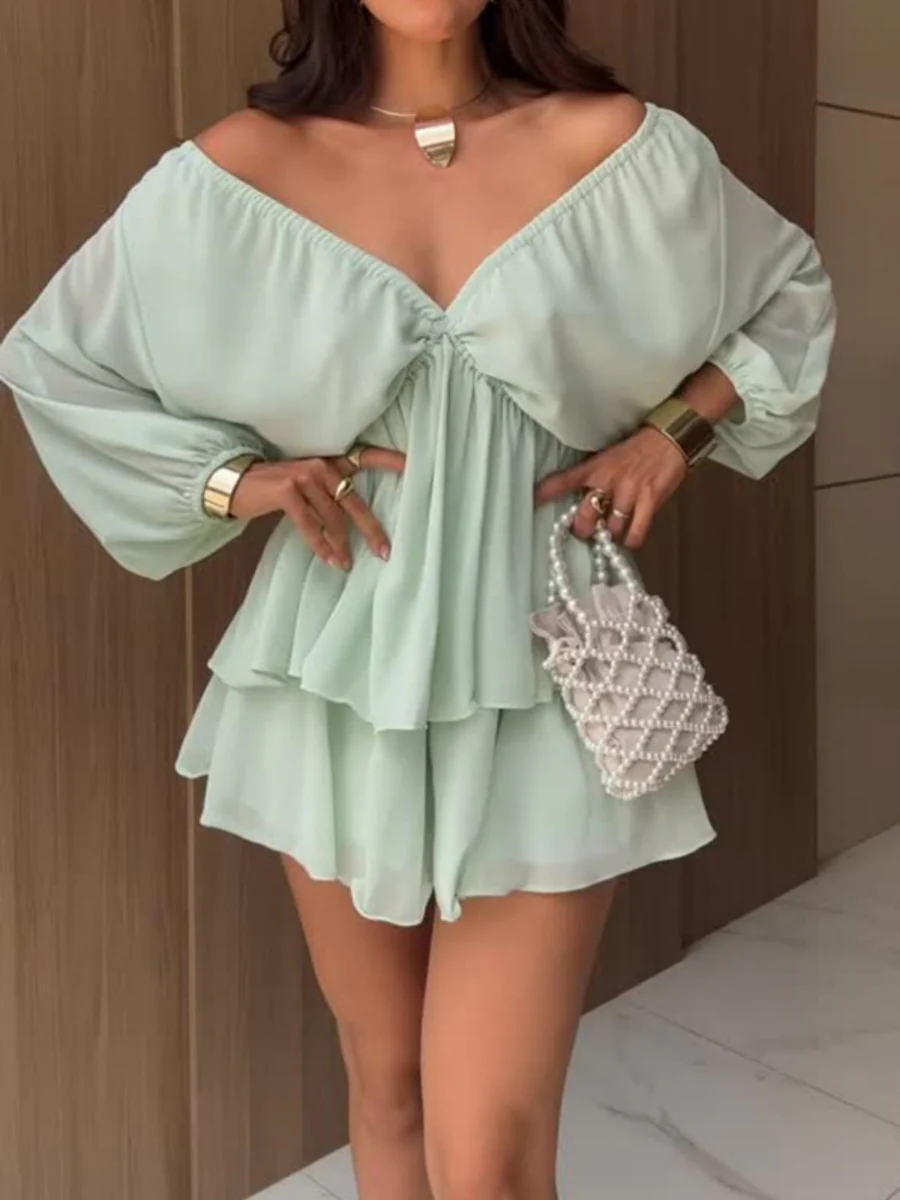 V-neck Solid Color Backless Chiffon Maxi Dresses - Image 9