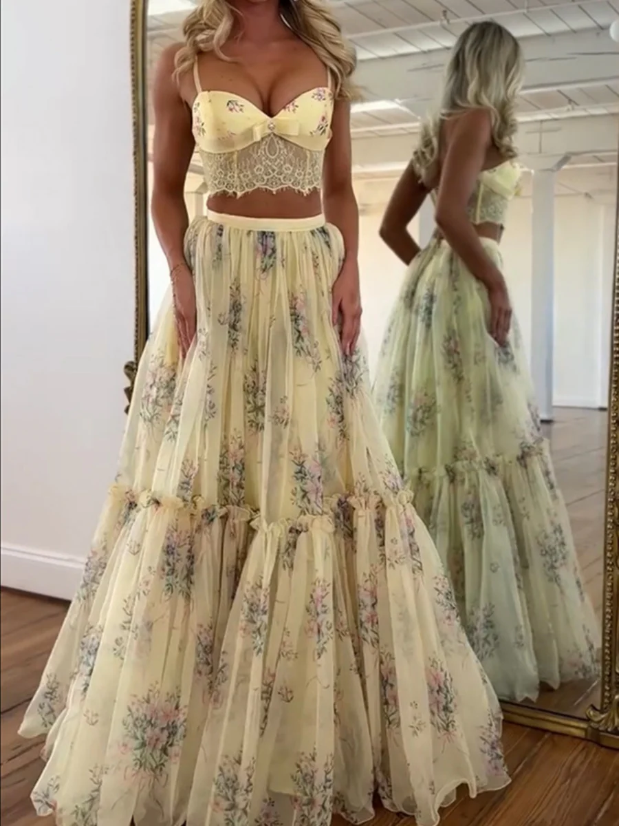 Floral Chiffon Elegant Midi Skirt Halter Neck Strap Set 2-piece Sets - Image 3